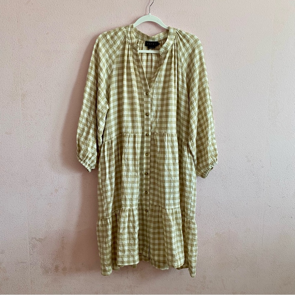Hatch Boho Chic 100% Cotton V-Neck Gingham Shift Button Down Maternity Dress